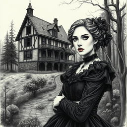 A finely detailed illustration of a woman in an elaborate gothic dress, showcasing her perfect face with tasteful make-up