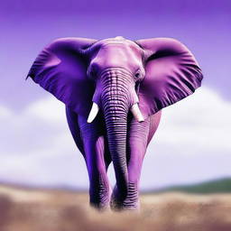 A colossal, majestic elephant with vibrant purple skin, gracefully soaring through the sky, its ears flapping strongly