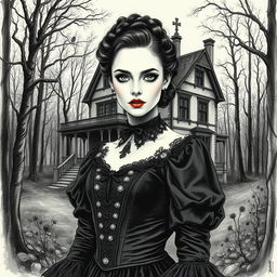 A finely detailed illustration of a woman in an elaborate gothic dress, showcasing her perfect face with tasteful make-up