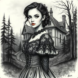 A finely detailed illustration of a woman in an elaborate gothic dress, showcasing her perfect face with tasteful make-up