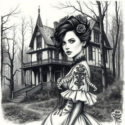 A finely detailed illustration of a woman in an elaborate gothic dress, showcasing her perfect face with tasteful make-up