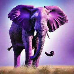 A colossal, majestic elephant with vibrant purple skin, gracefully soaring through the sky, its ears flapping strongly