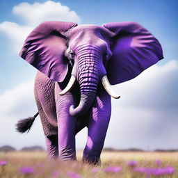 A colossal, majestic elephant with vibrant purple skin, gracefully soaring through the sky, its ears flapping strongly