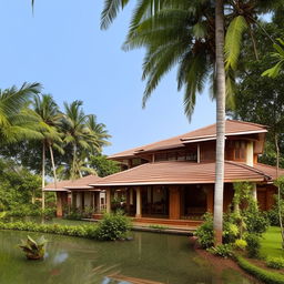 Generate an image of a traditional Kerala house design. The architectural characteristics should include a sloping roof, wooden pillared verandas, internal courtyards surrounded by rooms, intricate wooden carvings and surrounded by natural greenery.