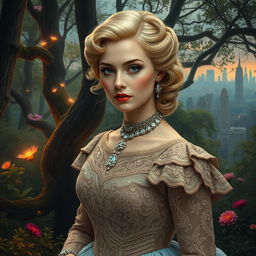 A rich Victorian woman with perfect features, blonde hair styled elegantly and striking blue eyes, stands gracefully at the edge of an ancient enchanted forest