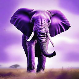 A colossal, majestic elephant with vibrant purple skin, gracefully soaring through the sky, its ears flapping strongly