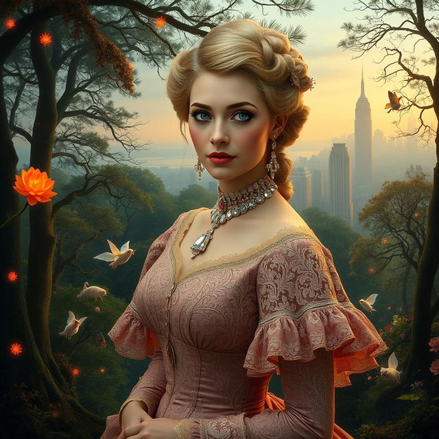 A rich Victorian woman with perfect features, blonde hair styled elegantly and striking blue eyes, stands gracefully at the edge of an ancient enchanted forest