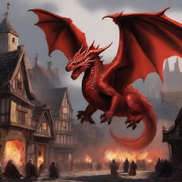 A ferocious red dragon wreaking havoc on a quaint village, its fiery breath setting buildings ablaze and its leathery wings casting a daunting shadow over the terrified villagers