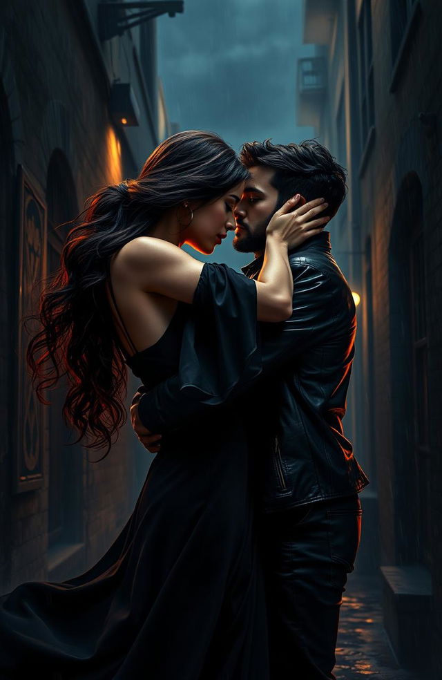 A dark romantic scene depicting a twisted love story, featuring a couple locked in an intense embrace, their expressions a mix of passion and conflict