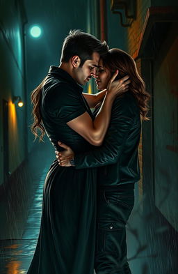 A dark romantic scene depicting a twisted love story, featuring a couple locked in an intense embrace, their expressions a mix of passion and conflict