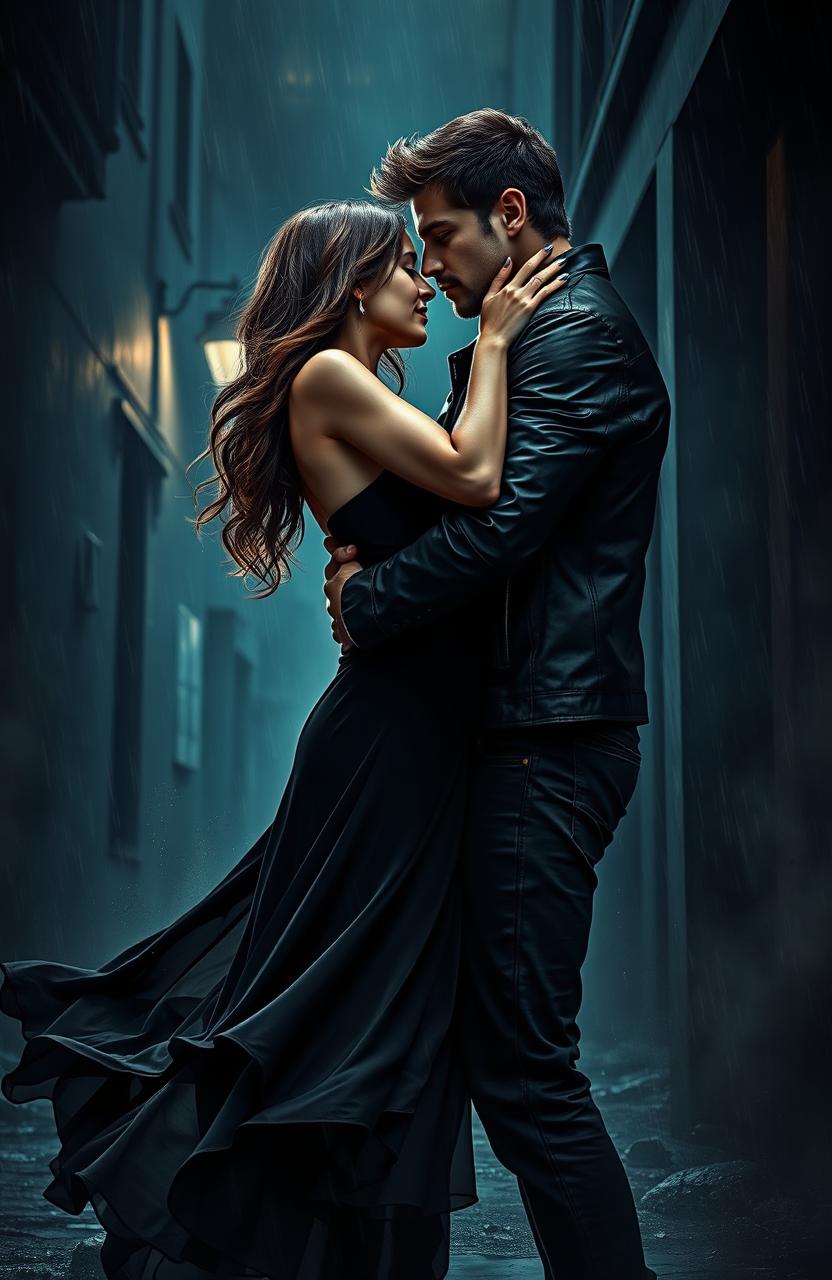 A dark romantic scene depicting a twisted love story, featuring a couple locked in an intense embrace, their expressions a mix of passion and conflict