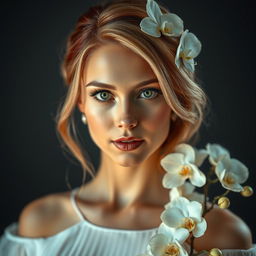 A stunning woman with a perfect face, featuring beautiful, striking eyes