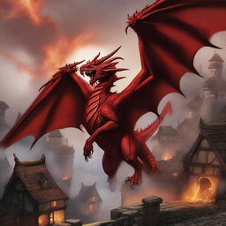 A ferocious red dragon wreaking havoc on a quaint village, its fiery breath setting buildings ablaze and its leathery wings casting a daunting shadow over the terrified villagers