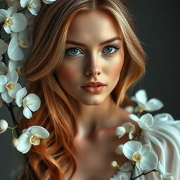 A stunning woman with a perfect face, featuring beautiful, striking eyes