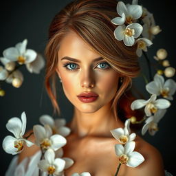 A stunning woman with a perfect face, featuring beautiful, striking eyes