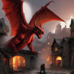 A ferocious red dragon wreaking havoc on a quaint village, its fiery breath setting buildings ablaze and its leathery wings casting a daunting shadow over the terrified villagers