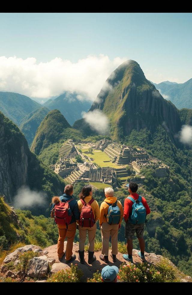 A group of diverse scientists standing atop a majestic mountain, gazing with awe at a mysterious lost city nestled in the valley below