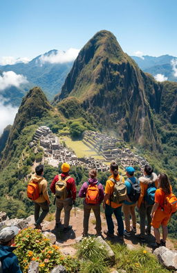 A group of diverse scientists standing atop a majestic mountain, gazing with awe at a mysterious lost city nestled in the valley below