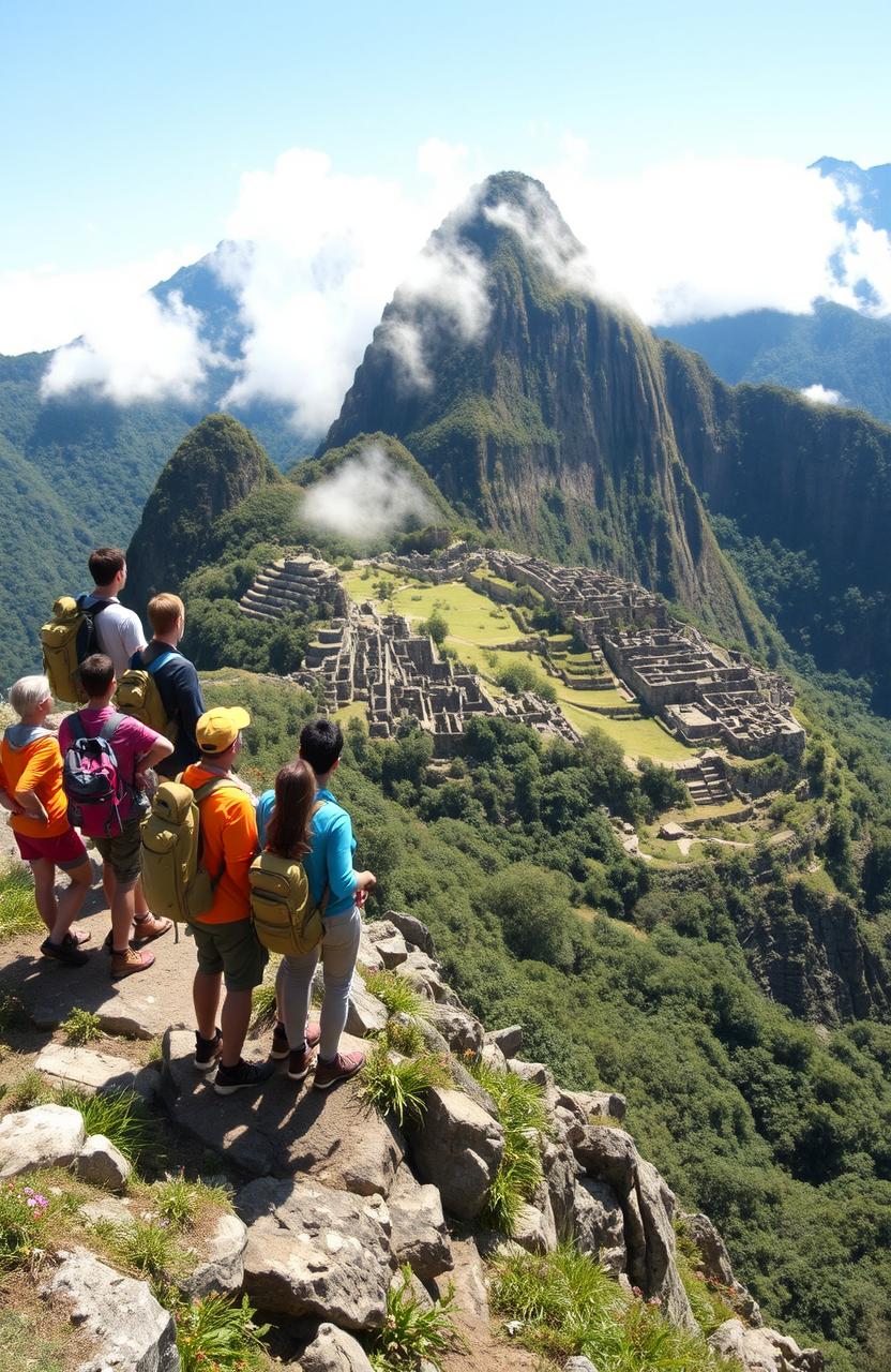 A group of diverse scientists standing atop a majestic mountain, gazing with awe at a mysterious lost city nestled in the valley below