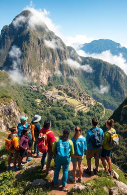 A group of diverse scientists standing atop a majestic mountain, gazing with awe at a mysterious lost city nestled in the valley below
