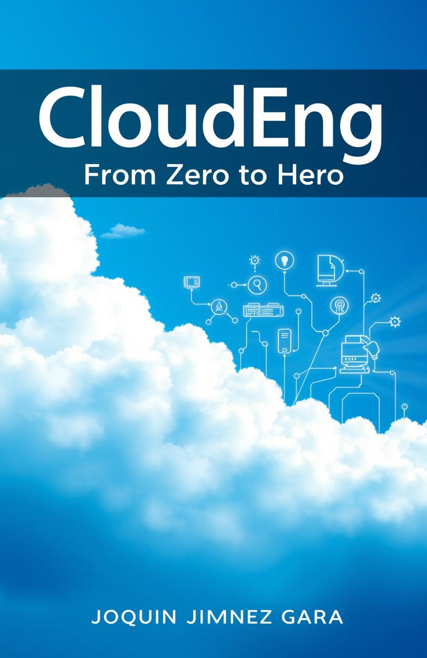 A visually captivating book cover design for 'CloudEng: From Zero to Hero' by Joaquin Jimenez Garcia