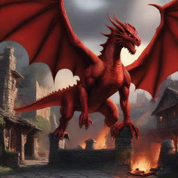 A ferocious red dragon wreaking havoc on a quaint village, its fiery breath setting buildings ablaze and its leathery wings casting a daunting shadow over the terrified villagers