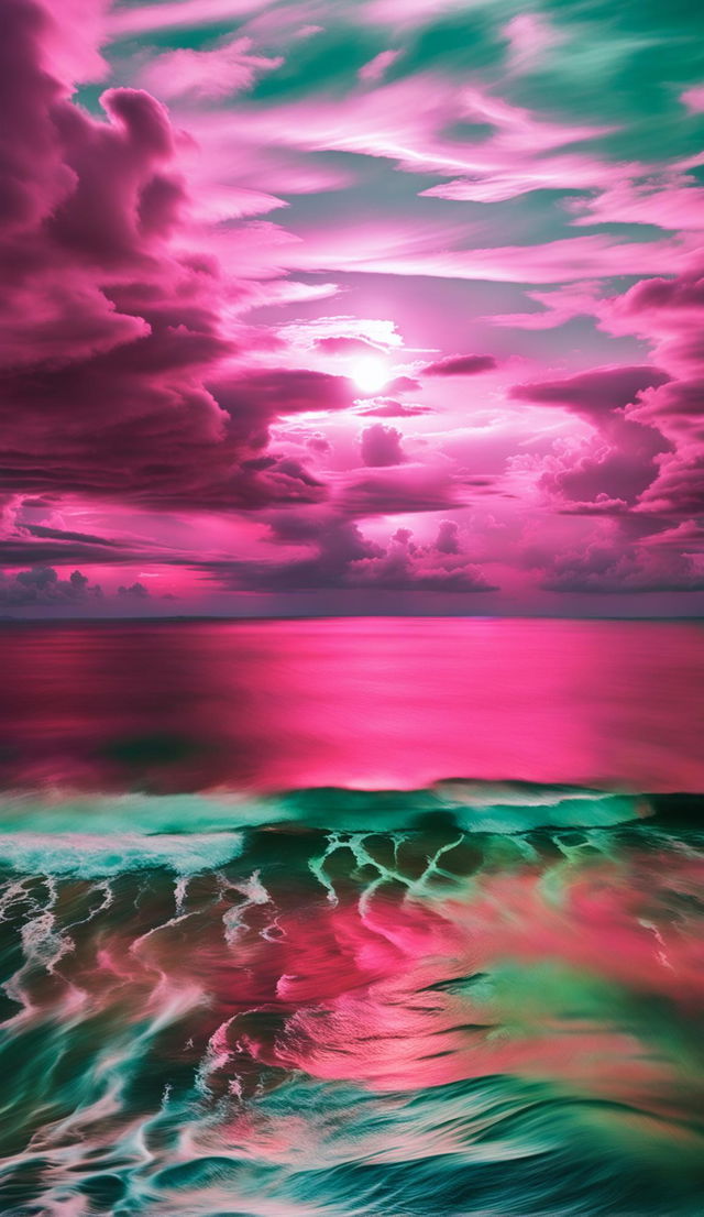 Inverted colours surrealistic photograph of vermillion clouds over a seafoam-green sea rippling like oil at sunset against a pink sky, shot with Sony XR in 36k resolution