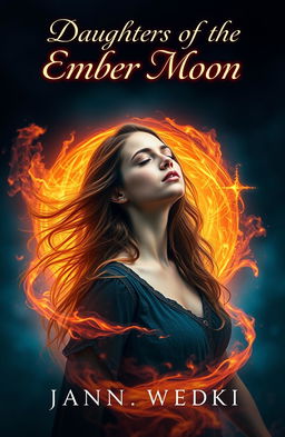 A captivating book cover for "Daughters Of The Ember Moon", featuring a young woman in her mid-20s with flowing brown hair, her eyes closed and head slightly tilted back