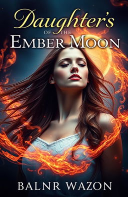 A captivating book cover for "Daughters Of The Ember Moon", featuring a young woman in her mid-20s with flowing brown hair, her eyes closed and head slightly tilted back