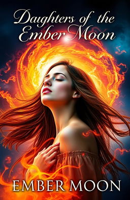 A captivating book cover for "Daughters Of The Ember Moon", featuring a young woman in her mid-20s with flowing brown hair, her eyes closed and head slightly tilted back