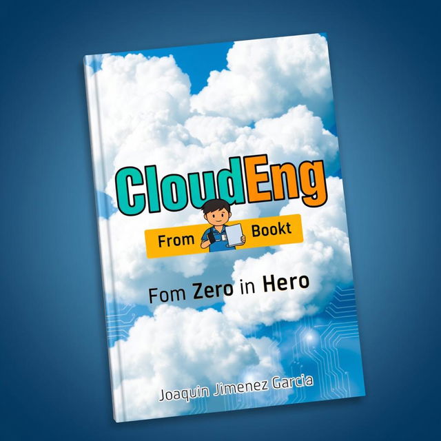 A visually captivating book cover design for 'CloudEng: From Zero to Hero'