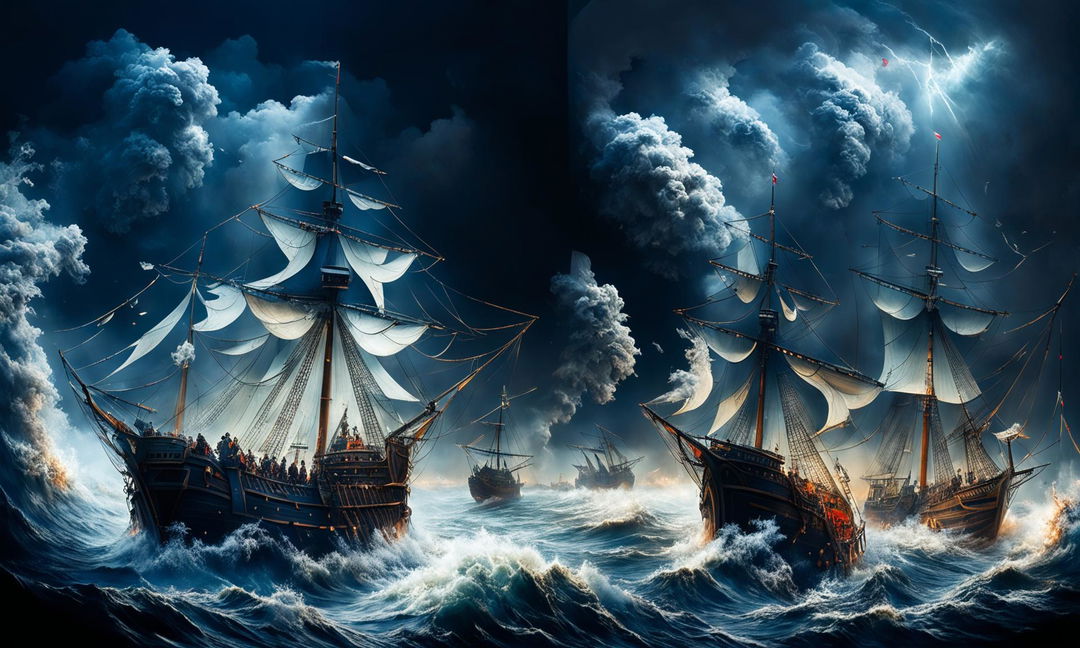 A multitude of 18th-century warships engaged in a fierce battle amidst a vast stormy sea, with smoke rising from widespread cannon fire