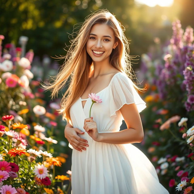 A beautiful young woman standing gracefully among a vibrant blooming garden, surrounded by colorful flowers of various types