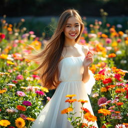 A beautiful young woman standing gracefully among a vibrant blooming garden, surrounded by colorful flowers of various types