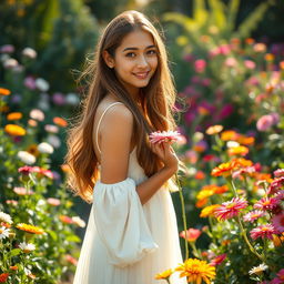 A beautiful young woman standing gracefully among a vibrant blooming garden, surrounded by colorful flowers of various types