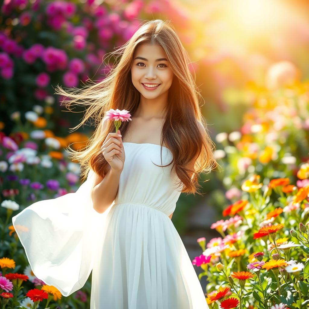 A beautiful young woman standing gracefully among a vibrant blooming garden, surrounded by colorful flowers of various types