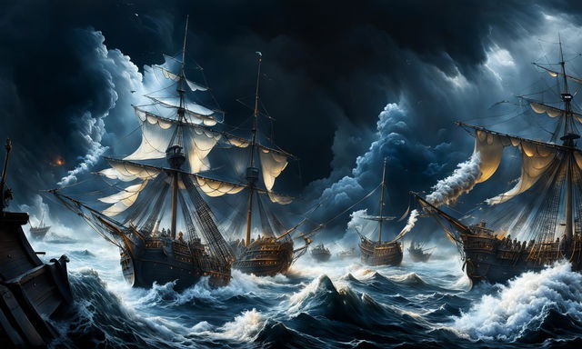 An expansive view of countless 18th-century warships engaged in a vast battle amidst an enormous stormy sea, with smoke rising from extensive cannon fire