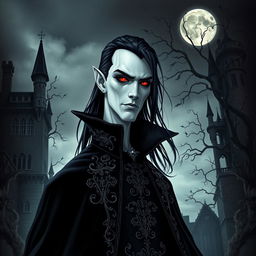 A striking vampire character design for a gothic novel cover, featuring a tall, pale figure with sharp facial features and long, flowing black hair