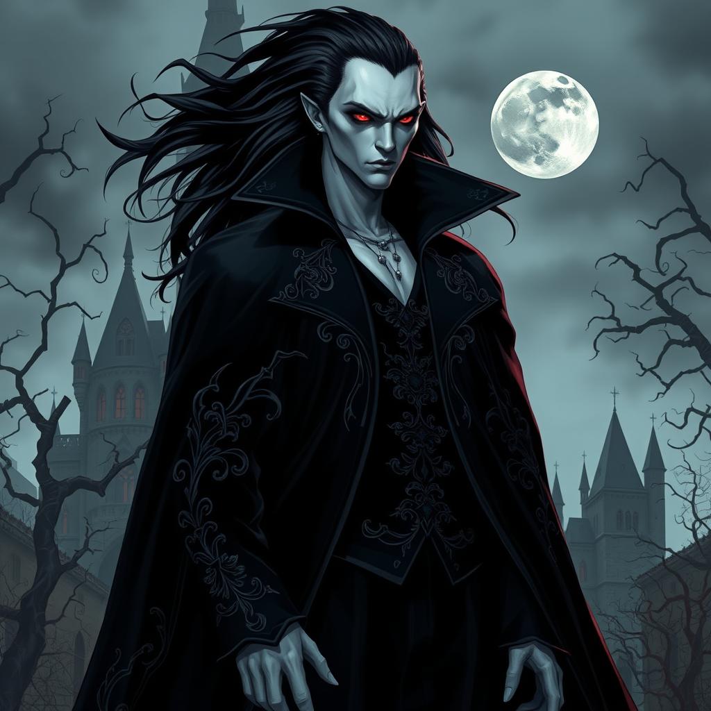 A striking vampire character design for a gothic novel cover, featuring a tall, pale figure with sharp facial features and long, flowing black hair