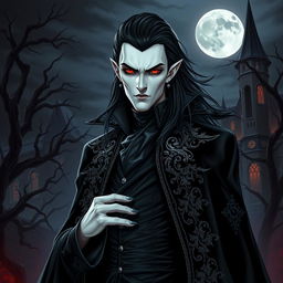 A striking vampire character design for a gothic novel cover, featuring a tall, pale figure with sharp facial features and long, flowing black hair