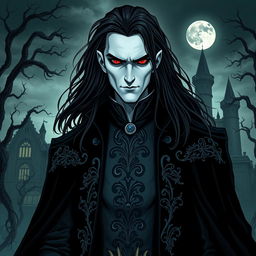 A striking vampire character design for a gothic novel cover, featuring a tall, pale figure with sharp facial features and long, flowing black hair
