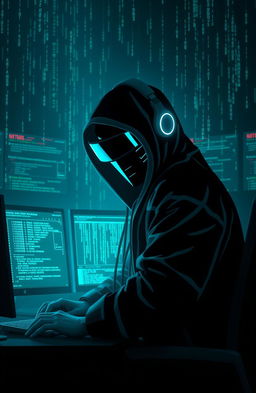 A stylized representation of a hacker in a cyberpunk environment, cloaked in shadows and glowing screens around them, displaying complex codes and matrix-like graphics