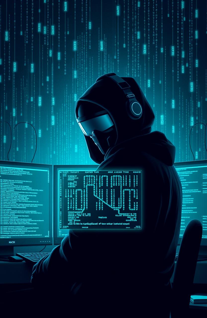 A stylized representation of a hacker in a cyberpunk environment, cloaked in shadows and glowing screens around them, displaying complex codes and matrix-like graphics