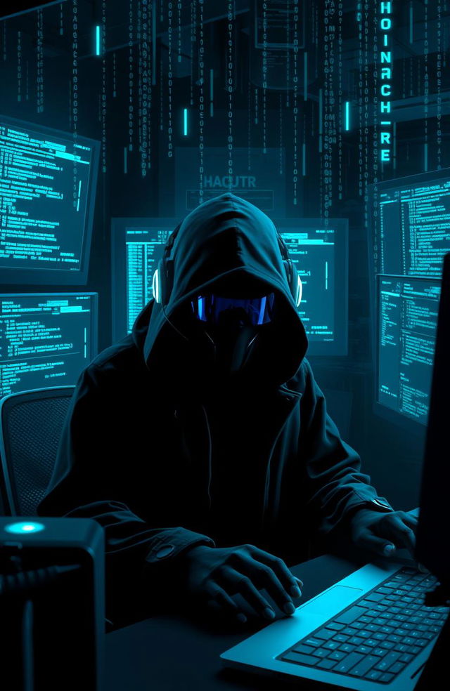 A stylized representation of a hacker in a cyberpunk environment, cloaked in shadows and glowing screens around them, displaying complex codes and matrix-like graphics