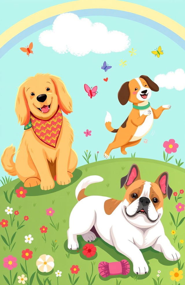 A whimsical and heartwarming illustration of dogs in various playful scenarios, featuring a golden retriever wearing a colorful bandana, a beagle joyfully chasing butterflies, and a bulldog lounging on a grassy patch under a bright blue sky