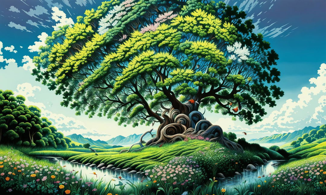 A digital art piece featuring an ancient tree teeming with life, surrounded by a vibrant ecosystem and set against a backdrop of rolling hills and a clear blue sky