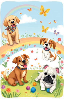 A whimsical and heartwarming illustration of dogs in various playful scenarios, featuring a golden retriever wearing a colorful bandana, a beagle joyfully chasing butterflies, and a bulldog lounging on a grassy patch under a bright blue sky