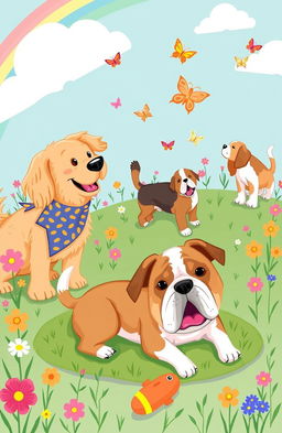A whimsical and heartwarming illustration of dogs in various playful scenarios, featuring a golden retriever wearing a colorful bandana, a beagle joyfully chasing butterflies, and a bulldog lounging on a grassy patch under a bright blue sky