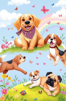 A whimsical and heartwarming illustration of dogs in various playful scenarios, featuring a golden retriever wearing a colorful bandana, a beagle joyfully chasing butterflies, and a bulldog lounging on a grassy patch under a bright blue sky