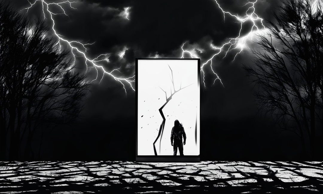 A monochrome digital art piece featuring a shattered mirror reflecting a somber figure, surrounded by a desolate landscape under a stormy sky